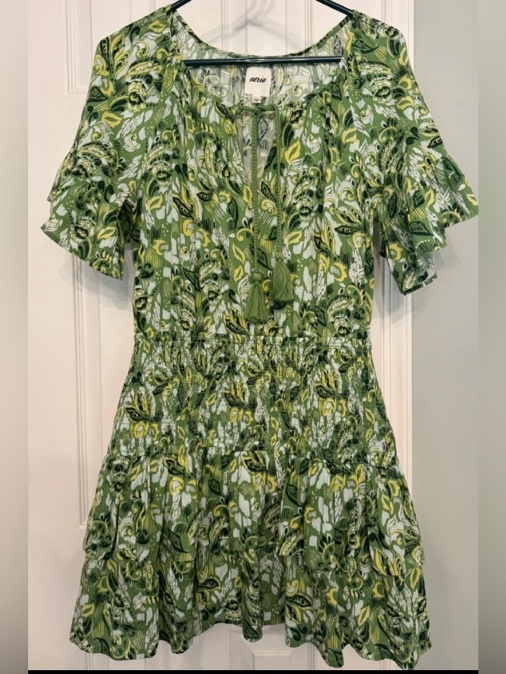 Aerie Green Floral Smocked Mini Dress Medium Cottagecore Swim cover Boho